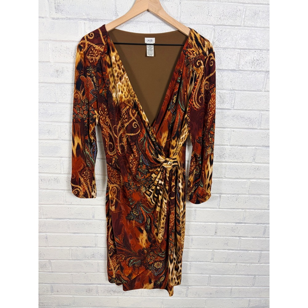 Cache Faux Wrap Dress Womens XL Brown Leopard Paisley Ruched V Neck 3/4 Sleeve